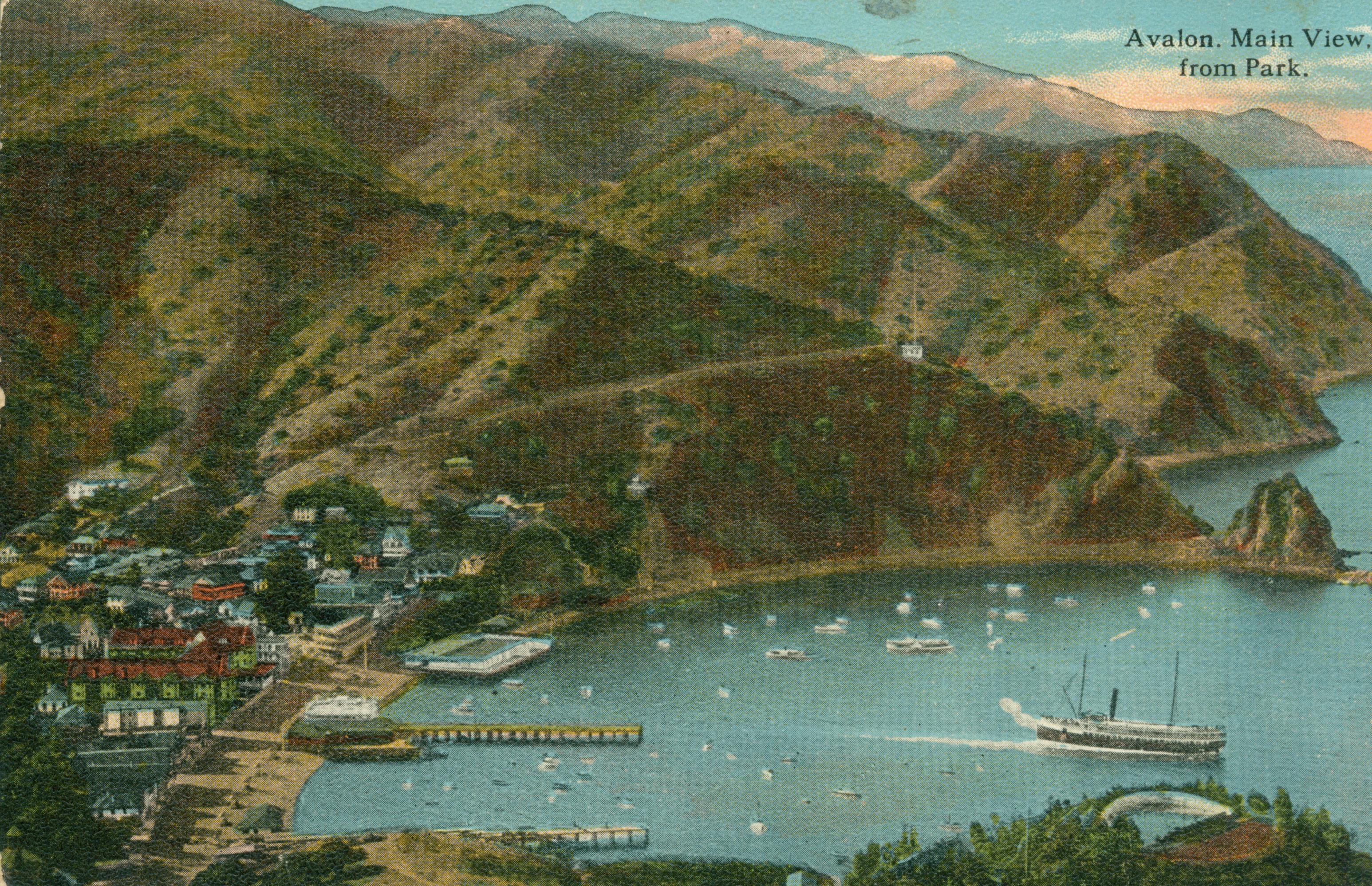 This postcard shows a bird's eye view of Avalon and the harbor on Catalina Island